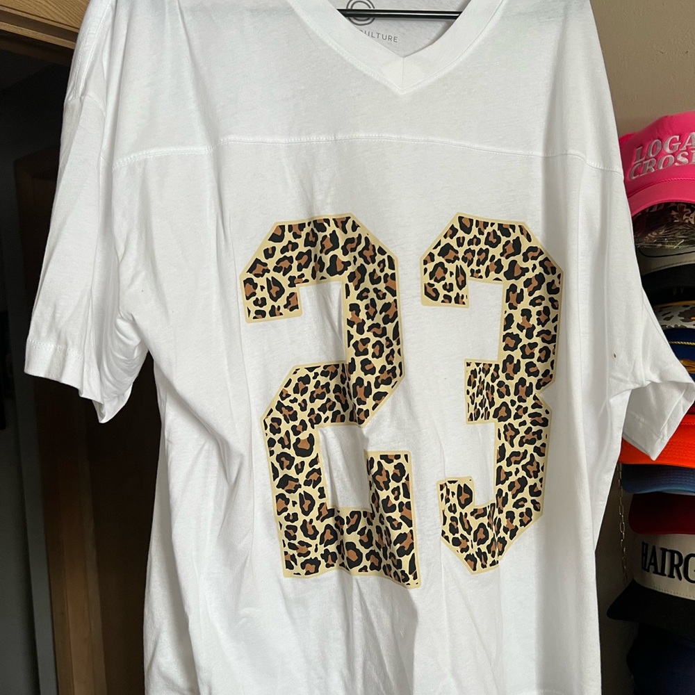 White V-Neck Top with Leopard Print Number